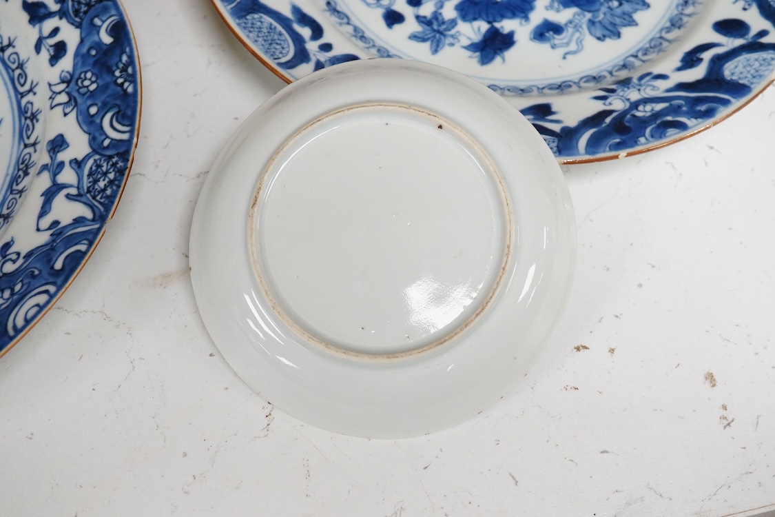 Two Chinese blue and white export plates-and a small dish, 23cm diameter